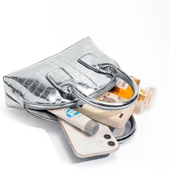 Mini Silver Crossbody Purse Leather Small Top Handle Pink Metallic Bag - Picture 5 of 7